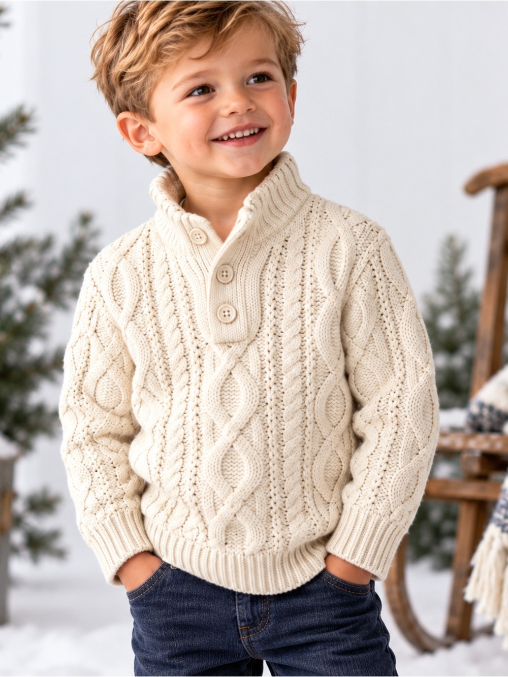 GAP | Cable-Knit Ivory Cotton/Wool Blend Henley Sweater | 3T | MSRP $44.95